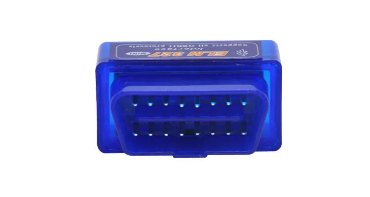 Compact blue and black Bluetooth OBD2 car diagnostic scanner with ELM327 chip.