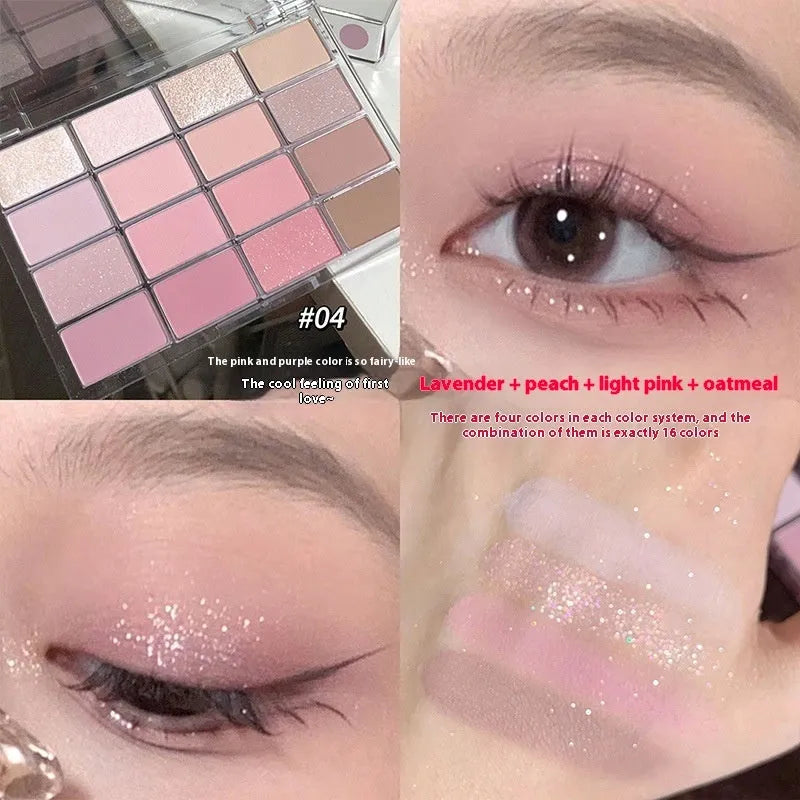 16-colour eye shadow palette showing matte and shimmer finishes in pink, brown and neutral tones.