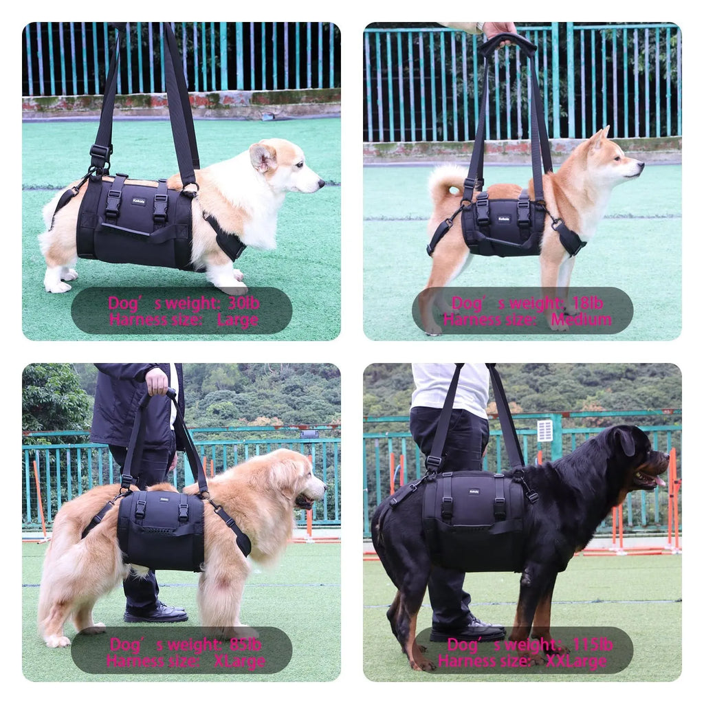 Black Oxford cloth dog rehabilitation harness with breast strap design for leg support