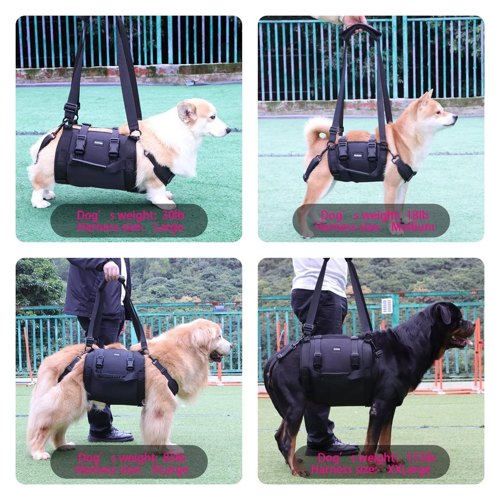 Black Oxford cloth dog rehabilitation harness with breast strap design for leg support