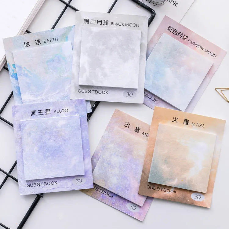 Square planet-themed sticky note pad showing oil painting designs of Earth and other planets, 7.3cm in size.