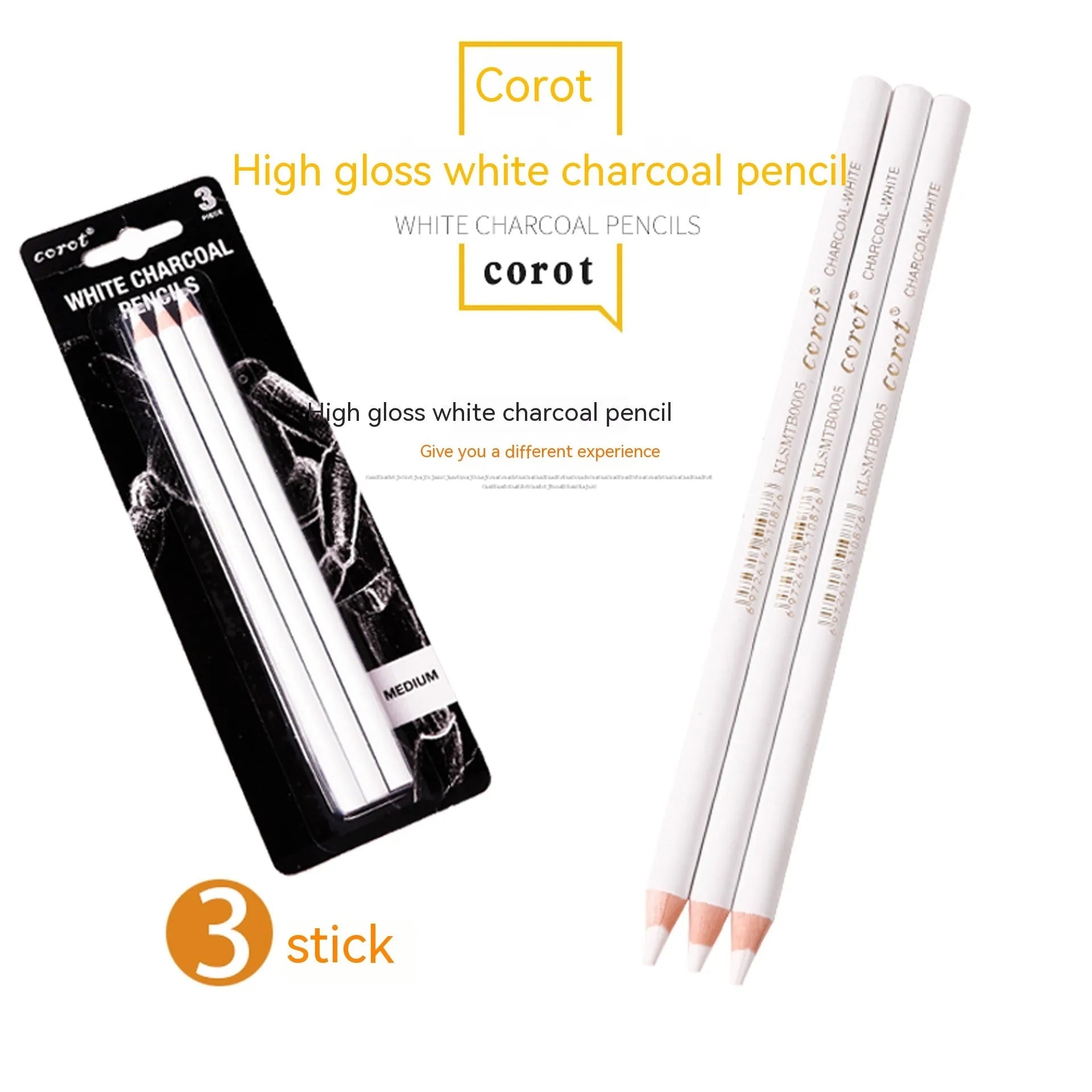 Set of three white charcoal highlighting pencils with wooden casings for sketching.