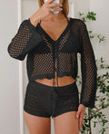 Women's hollow woven cardigan blouse with bell sleeves in apricot colour