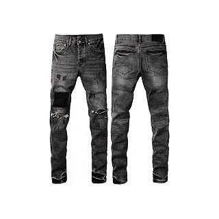 Black men's slim fit skinny jeans with a straight leg and button-fly cardigan opening.