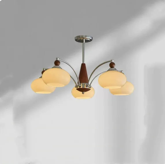 Persimmon glass and chrome chandelier with multiple glass lampshades in a choice of colours.