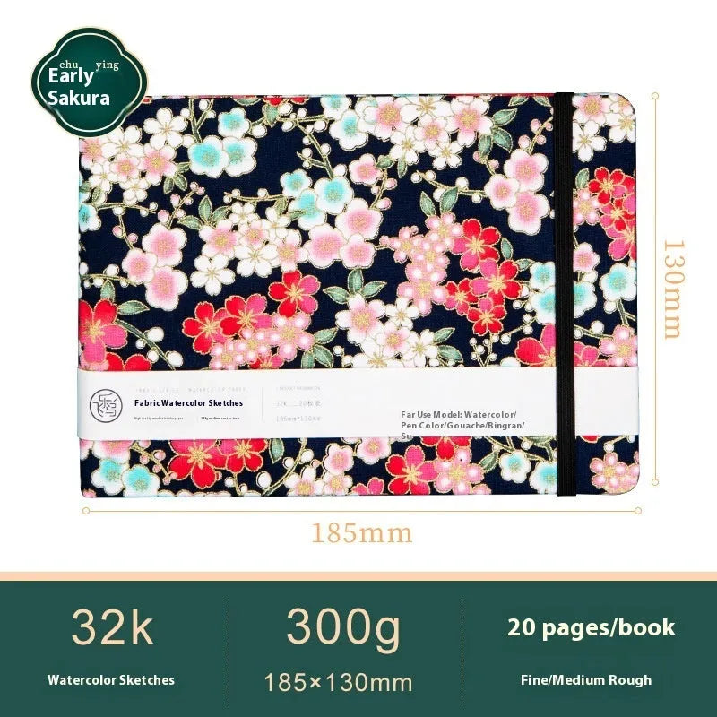 Feiluniao handmade fabric watercolour notebook with cotton paper, 185mm long, shown in a cover design option.
