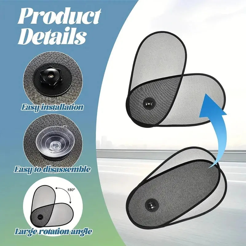 Black stretchy car side window sunshade fitted on glass with suction cups, shown twisted for storage.