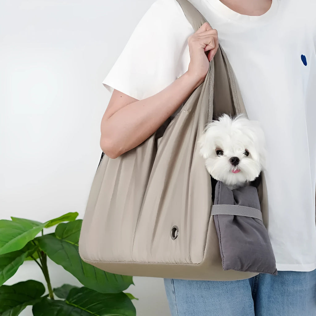 Apricot-coloured cloth pet carrier bag with shoulder strap, medium size for small dogs and cats