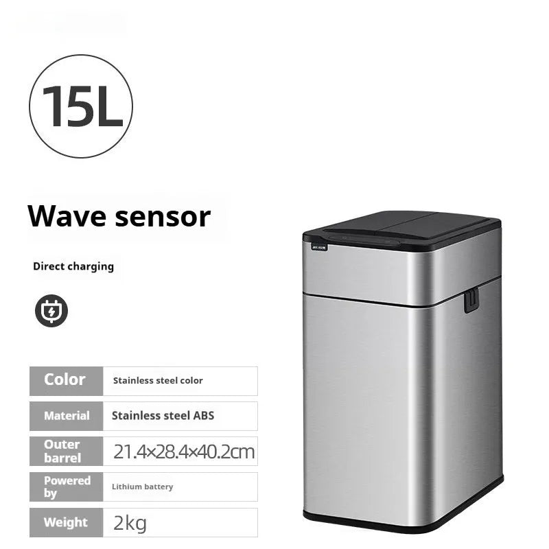 Stainless steel square inductive smart trash can with sensor lid and large capacity.