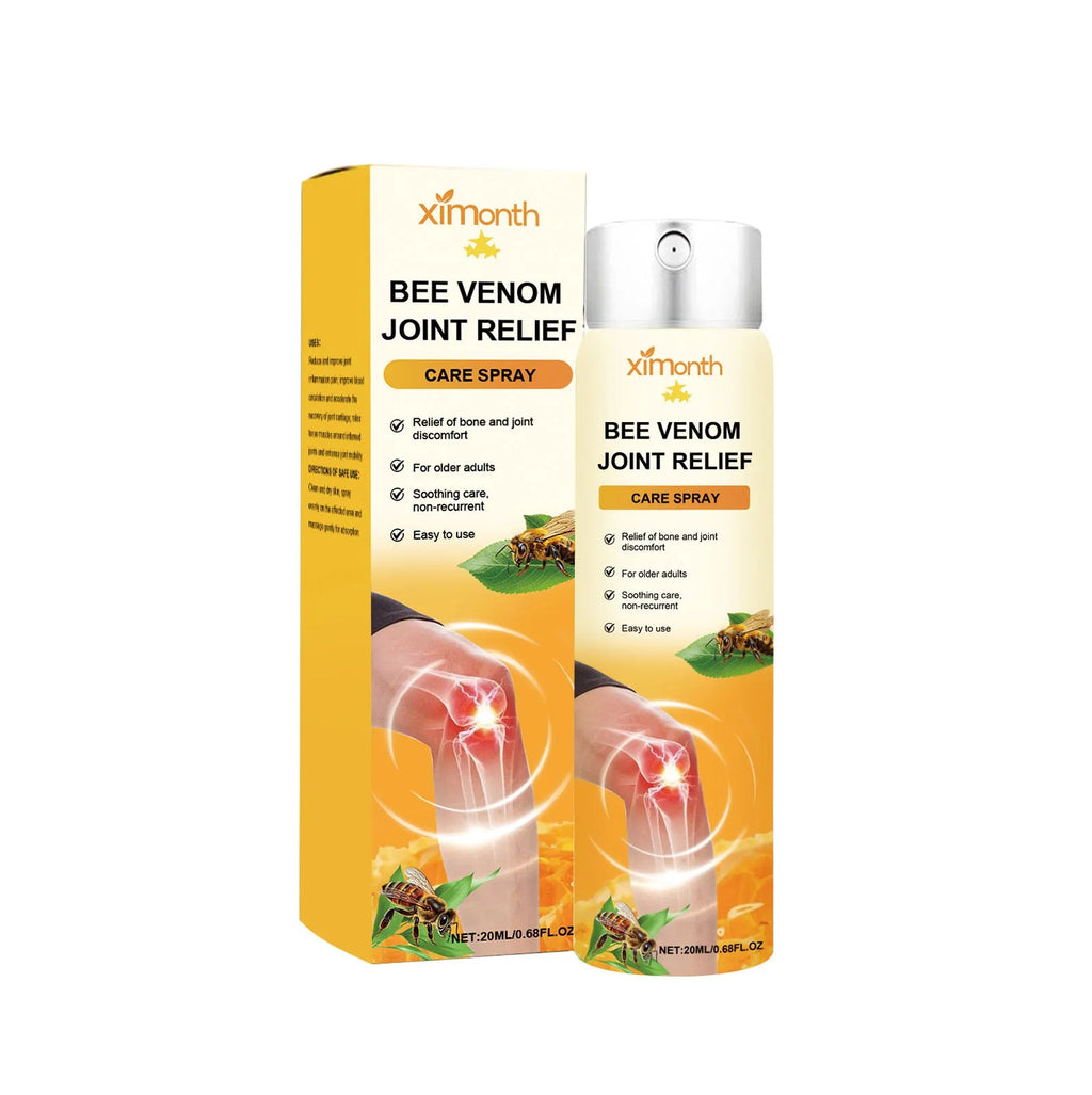 20ml bottle of body care spray with menthol and bee venom for topical application.