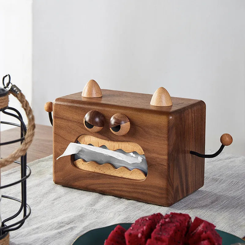 Little Monster cartoon wooden tissue box in walnut finish on beech wood measuring 190x104x125mm
