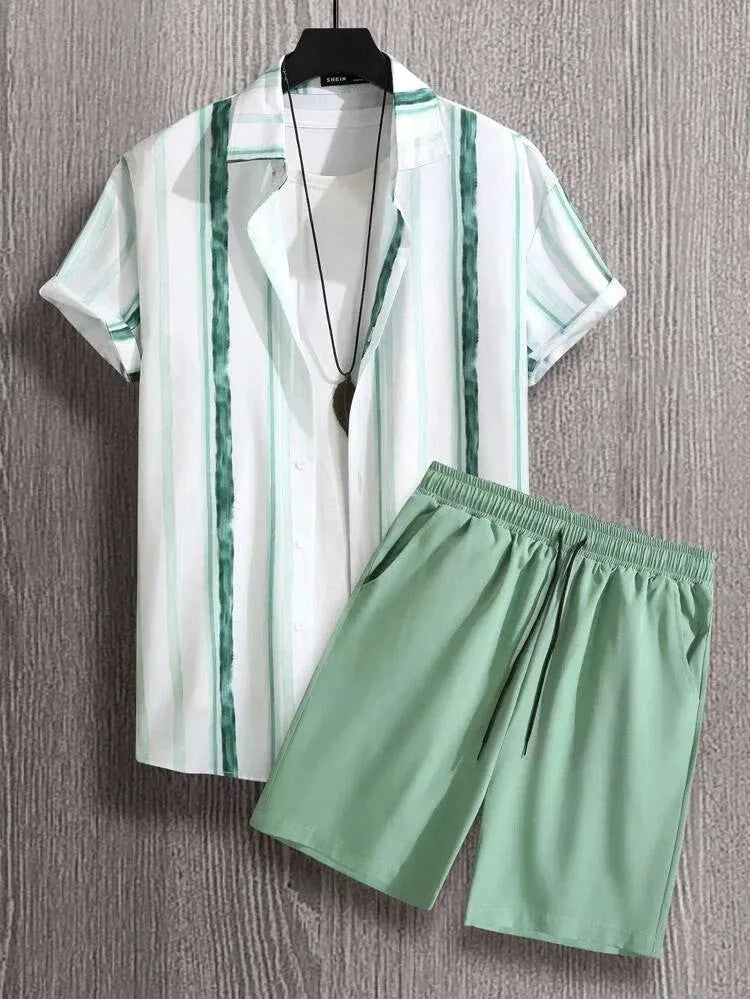 Men's beach shirt suit with short sleeves and matching shorts in polyester fabric