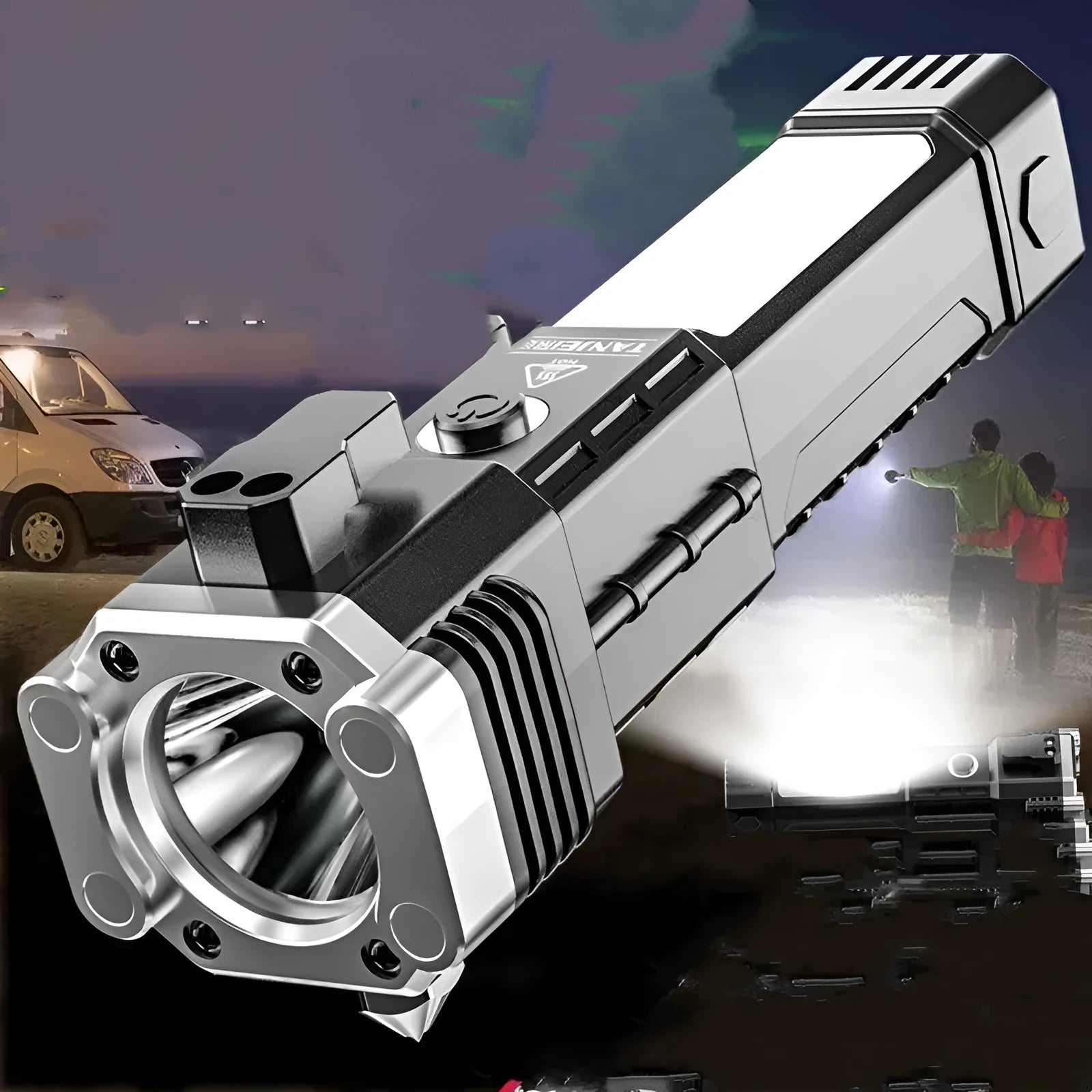 Silver portable power bank with integrated LED flashlight for emergency and outdoor use.