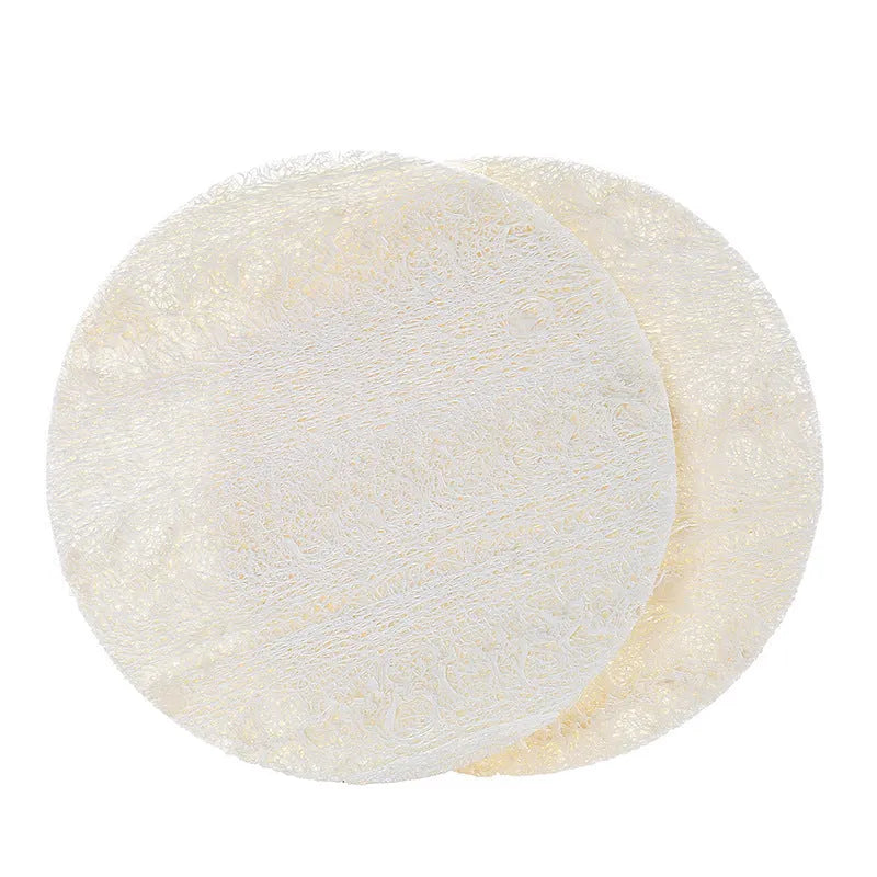 Pack of 10 natural loofah makeup removing tissues 6x6cm on white background