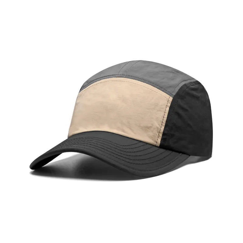 Men's khaki five-panel baseball cap with a curved brim and adjustable snap-back strap on a plain background.