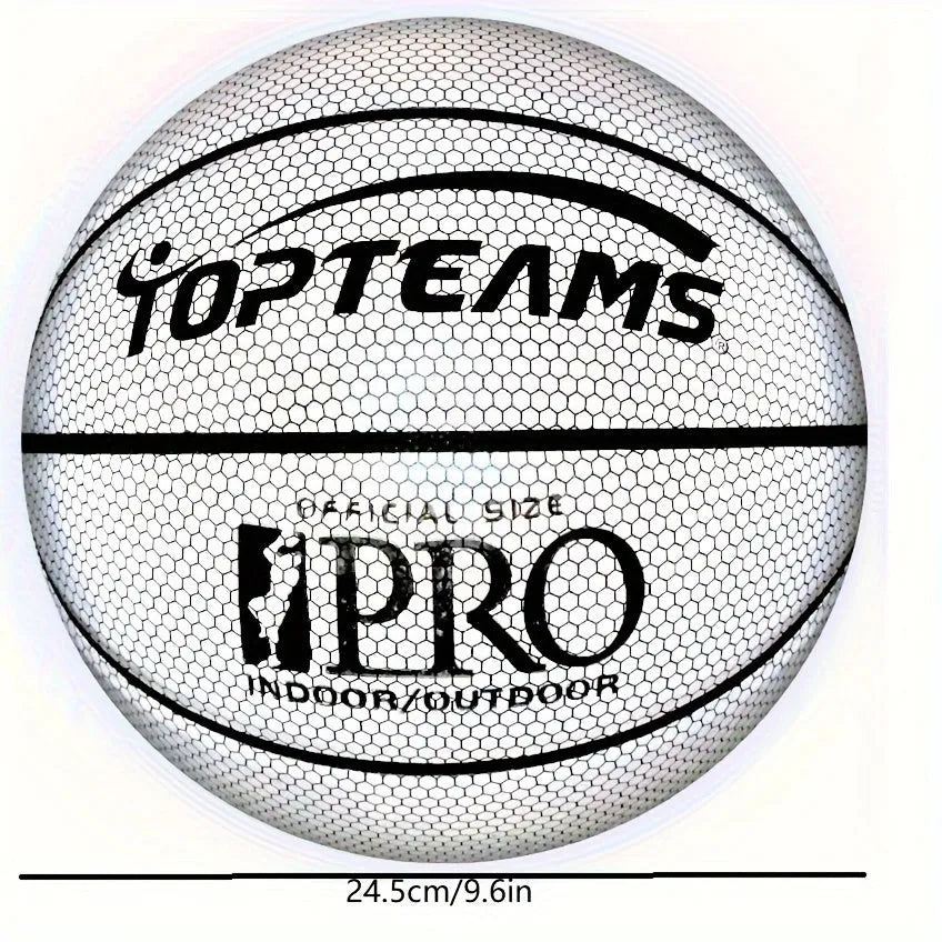 No. 7 size holographic luminous reflective basketball on a court, showing Chroma and White colour options.
