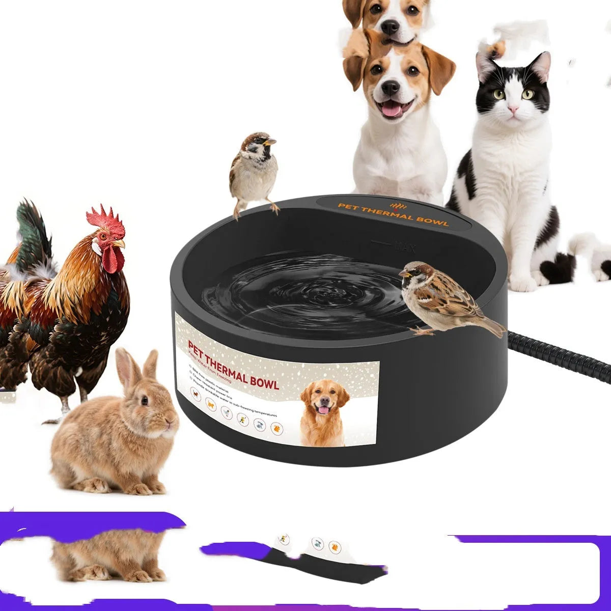 Black ABS plastic pet heating bowl for cats and dogs with constant temperature control.