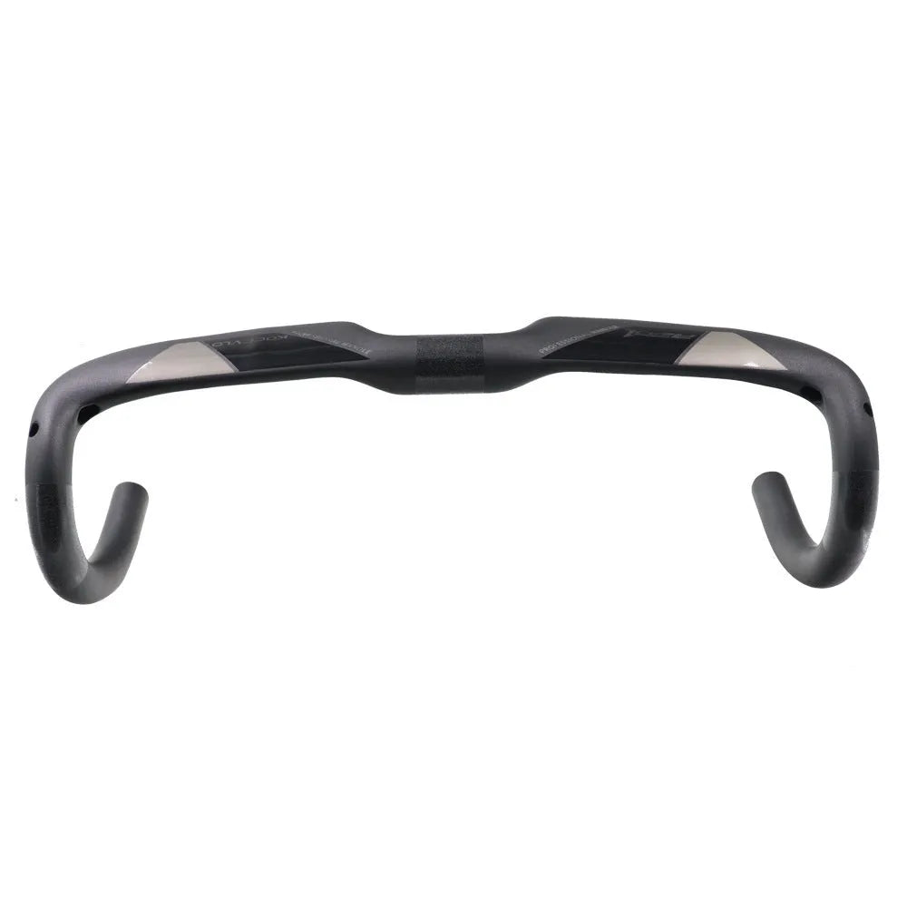 Matt black carbon fibre road bike handlebar with shallow drop, shown from a top-down angle.