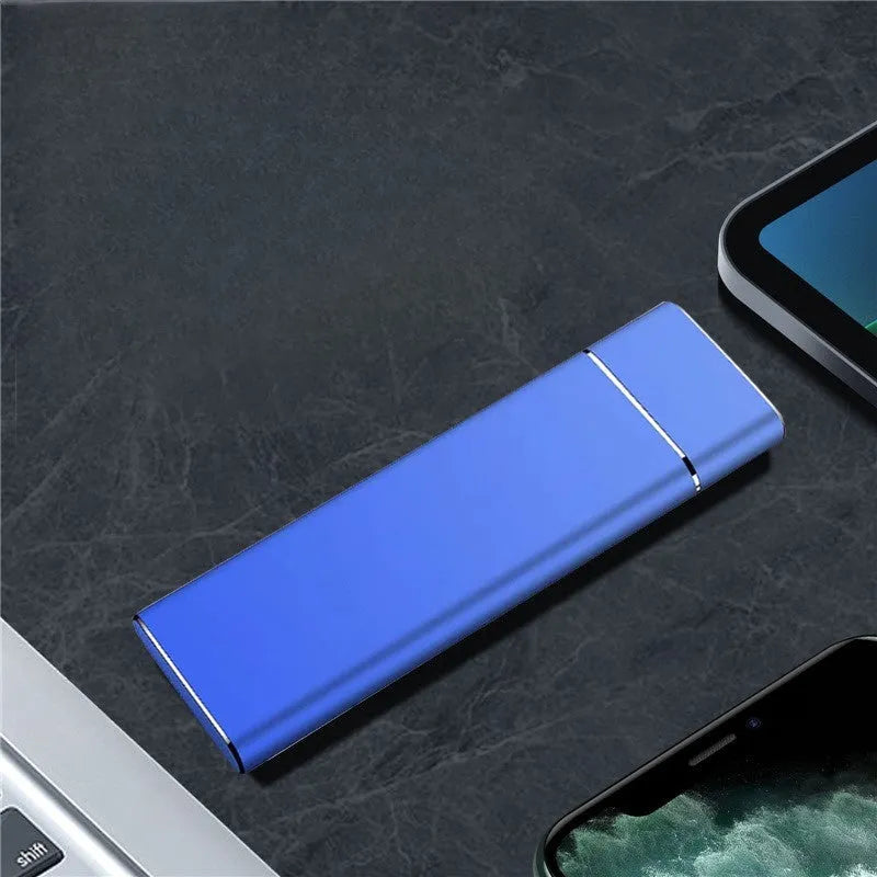 Sapphire blue portable external solid state hard disk with metal casing measuring 10.3cm