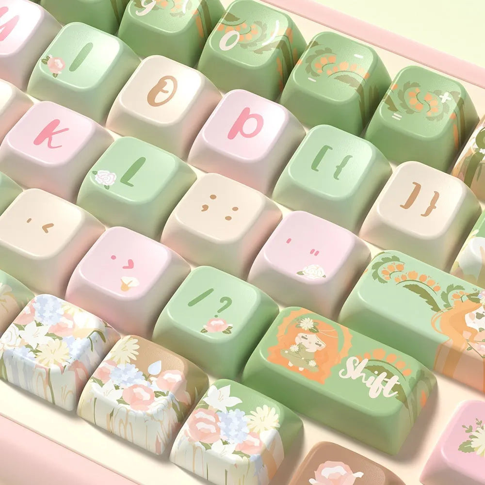 Mu Xia Garden Summer Garden themed PBT sublimation key cap set for mechanical keyboards, showing 138-key and 158-key layout options.