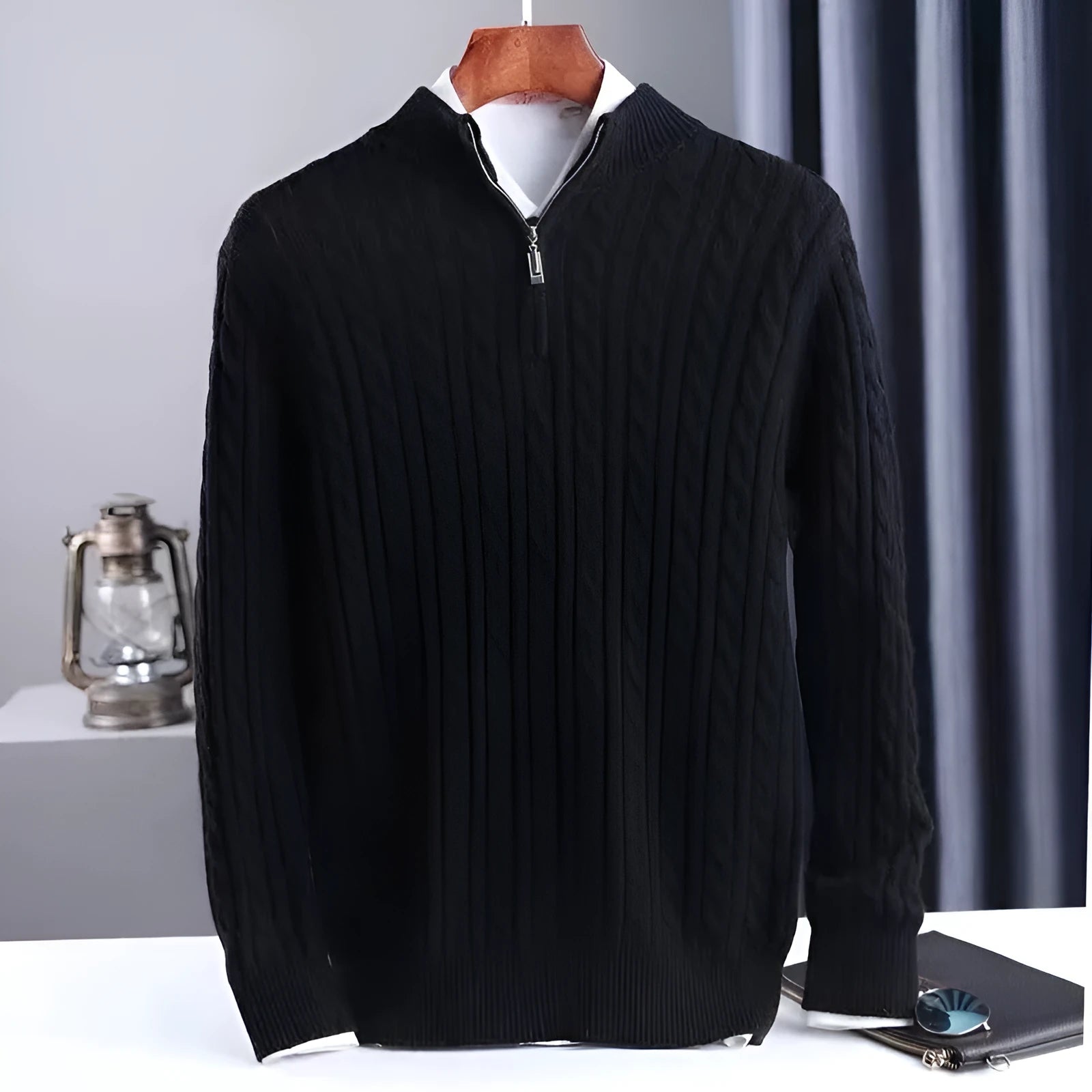 Men's thick twist jacquard sweater with half-zip high collar in grey, cotton blend and rabbit fur, long sleeve winter pullover