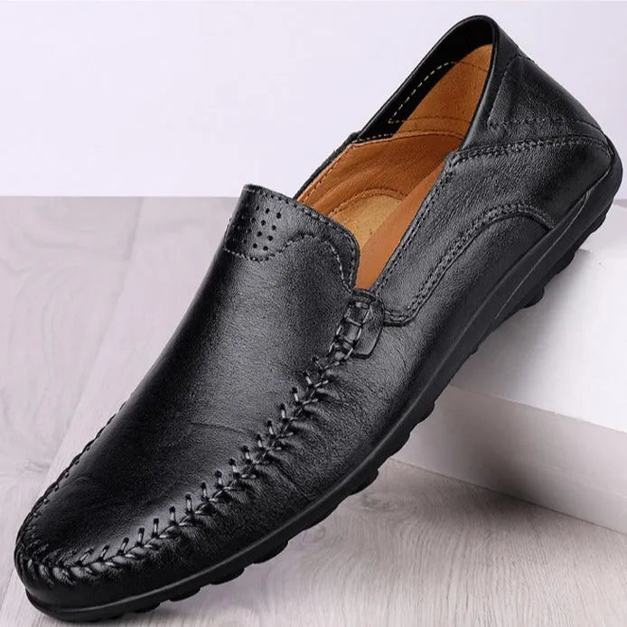 Men's cowhide leather shoes with round toe and flat heel in black, brown, and dark brown colour options
