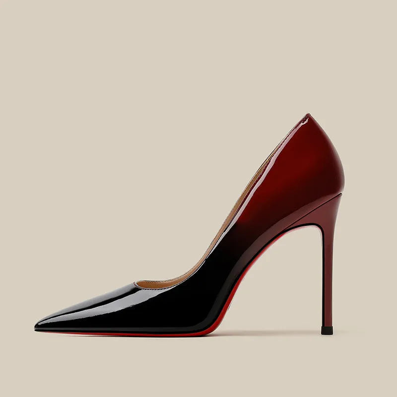 Patent leather black red gradient high heels with stiletto heel and pointed toe in super high heel style