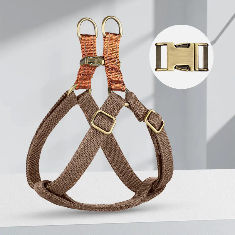 Vest style dog leash harness in brown colour with adjustable straps and alloy fasteners