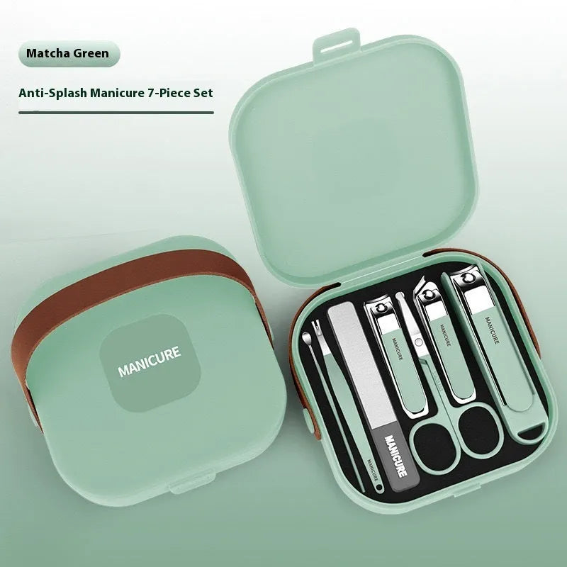 Anti-splash portable household fingernail maintenance kit with stainless steel tools in multiple colours