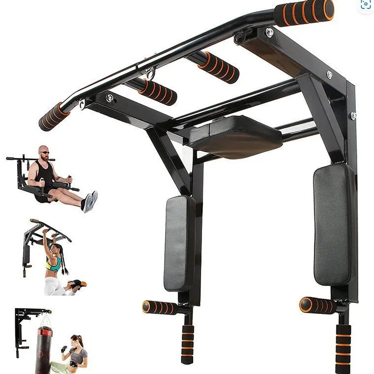 Black wall-mounted fitness equipment with sandbag rack and parallel pull-up bars