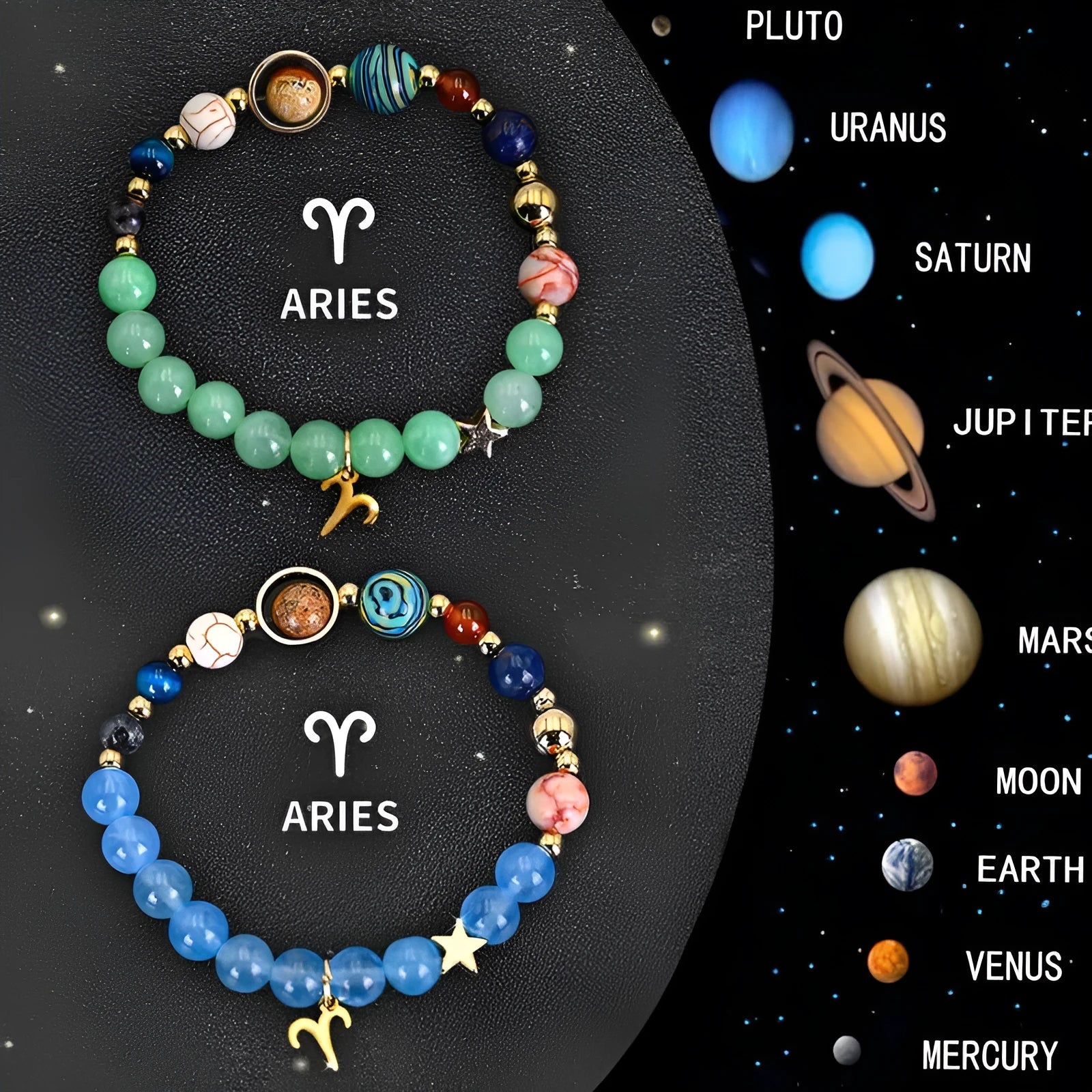 Two beaded bracelets with natural stone and zodiac charm beads on an adjustable cord.
