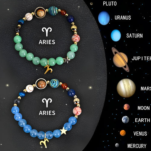 Two beaded bracelets with natural stone and zodiac charm beads on an adjustable cord.