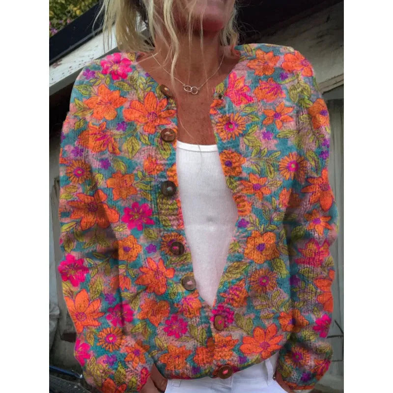 Yellow digital print cardigan coat with 3D pattern effect, shown on a hanger.