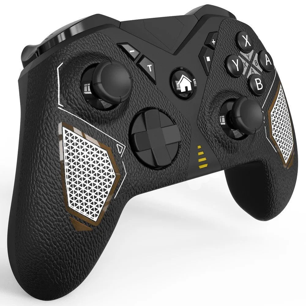 Black wireless game controller with leather-pattern texture on grips, showing analogue sticks and buttons.