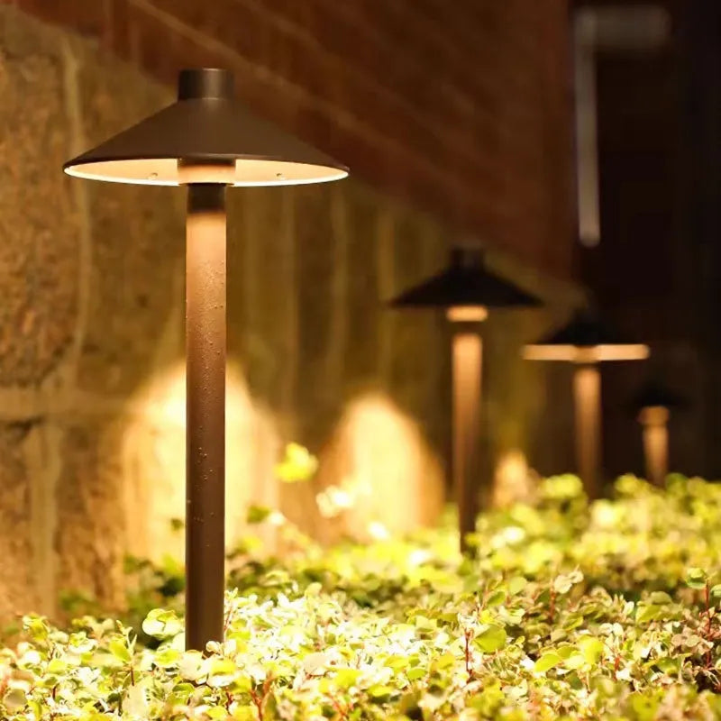 Aluminium IP65 outdoor lawn lamp with geometric abstract art design, 7W 220V, brown finish, floor socket model