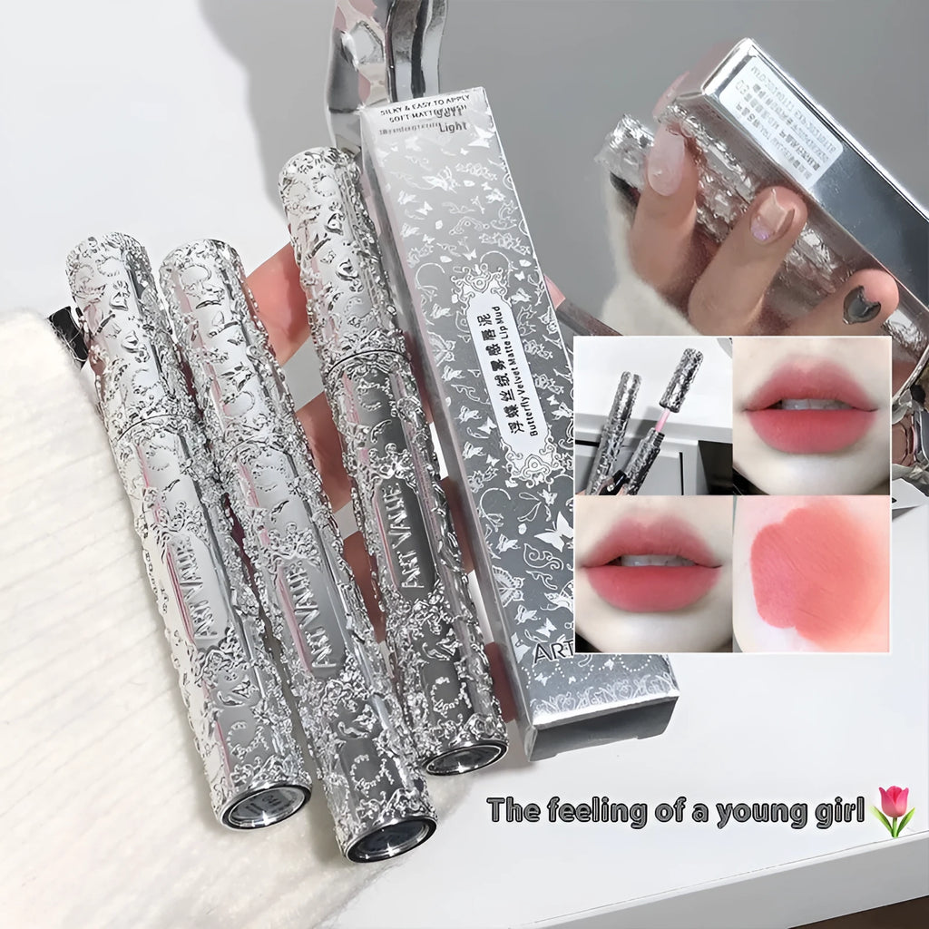 Velvet Mist Lip Mud Matte Lipstick tube showing six shade options from rose to brown.