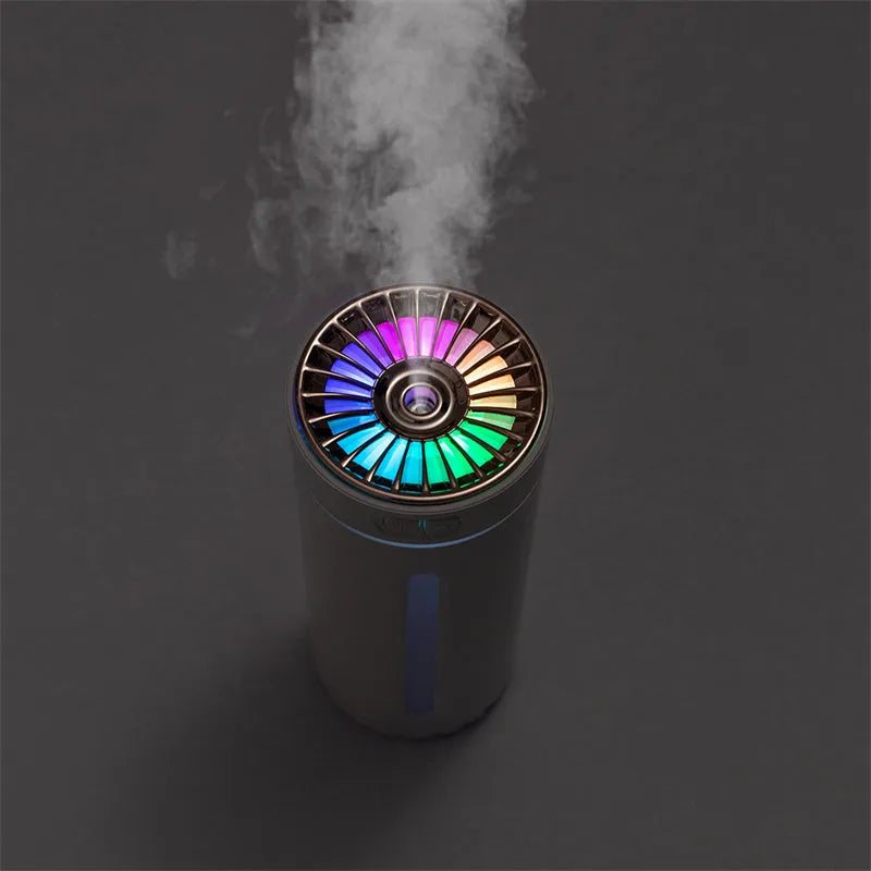 Wireless air humidifier with colourful lights on a car cup holder, 800mAh rechargeable cool mist maker