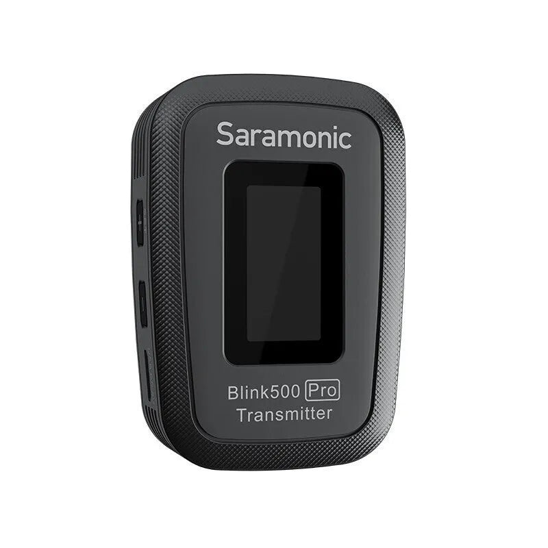 2.4GHz wireless lapel microphone with clip and OLED display shown alongside lavalier microphone