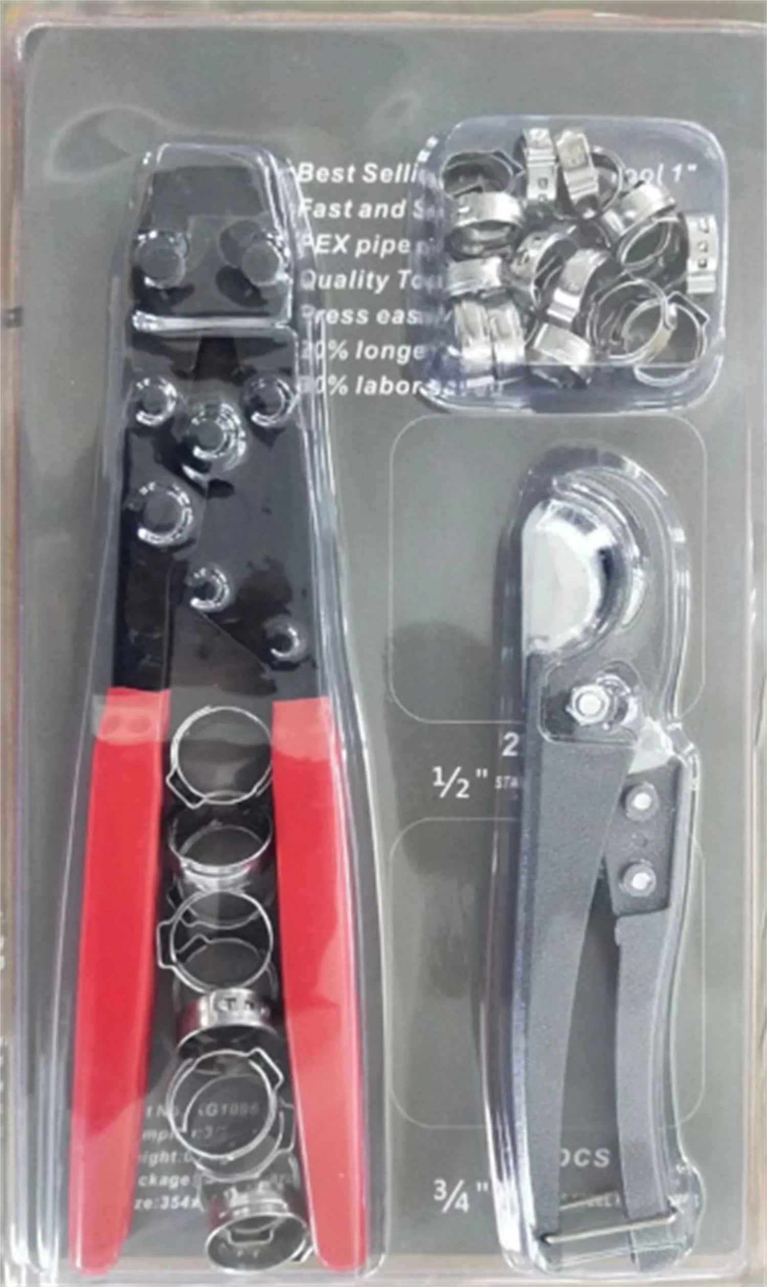 Red cloth finished metal single ear hose clamp next to a carbon steel cutting tool on a workbench.