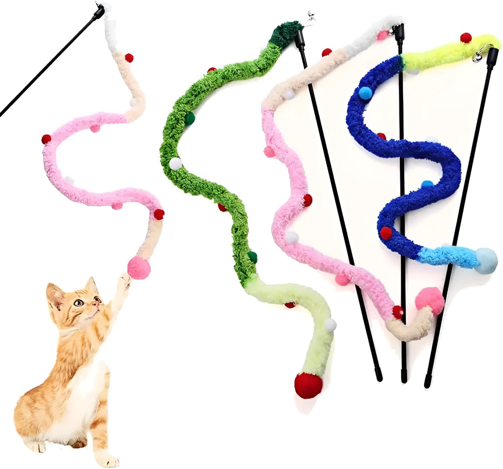 Interactive cat toy wand with colourful plush strip and bell attachment for indoor cat play