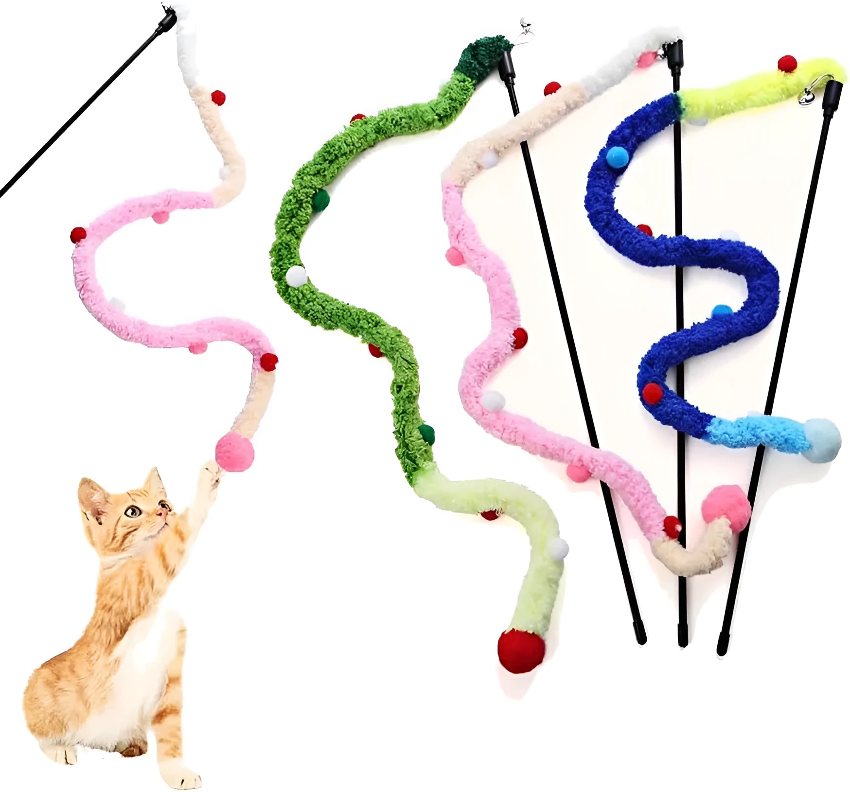 Interactive cat toy wand with colourful plush strip and bell attachment for indoor cat play