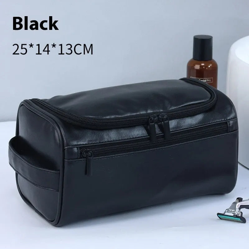 Retro style waterproof cosmetic bag in PU leather or Oxford cloth with large capacity for makeup and skincare storage
