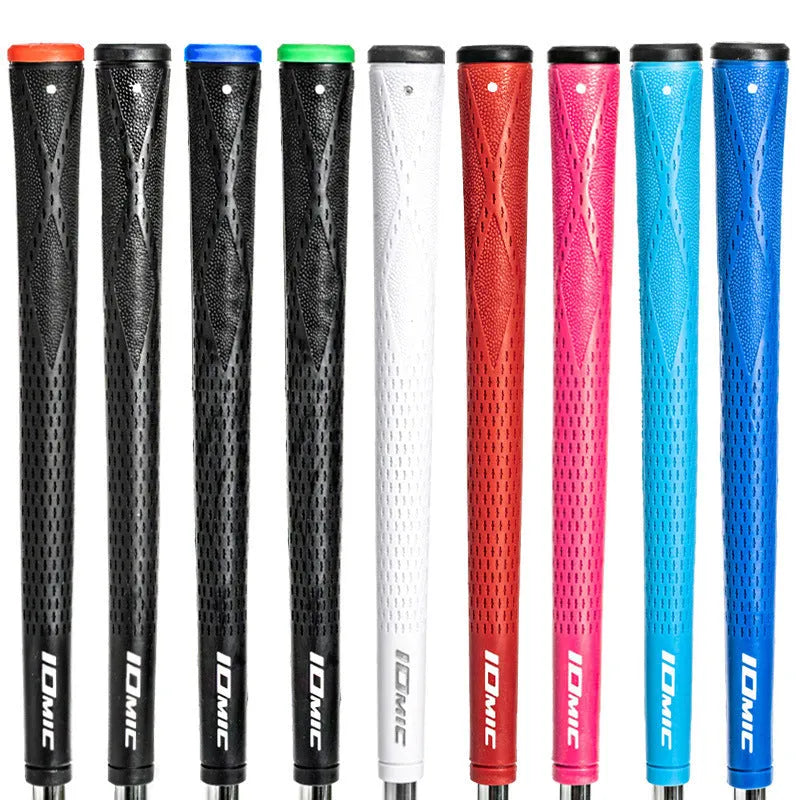 TPE and TPR material golf club grip shown in assorted colours including pink, red, blue, and black with coloured heads.