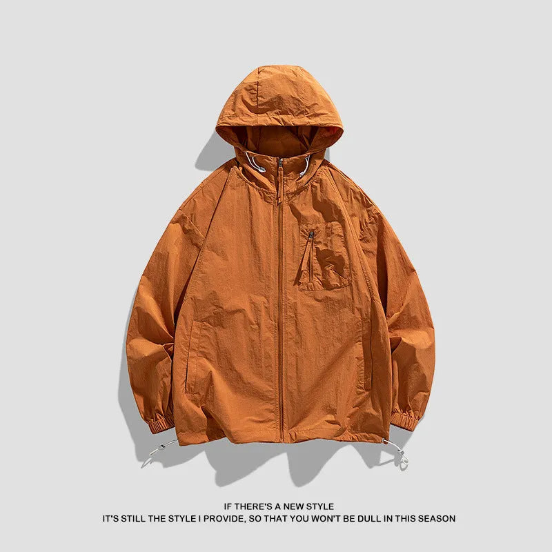 Lightweight hooded zip-up jacket for sun protection in Lycra spandex fabric.