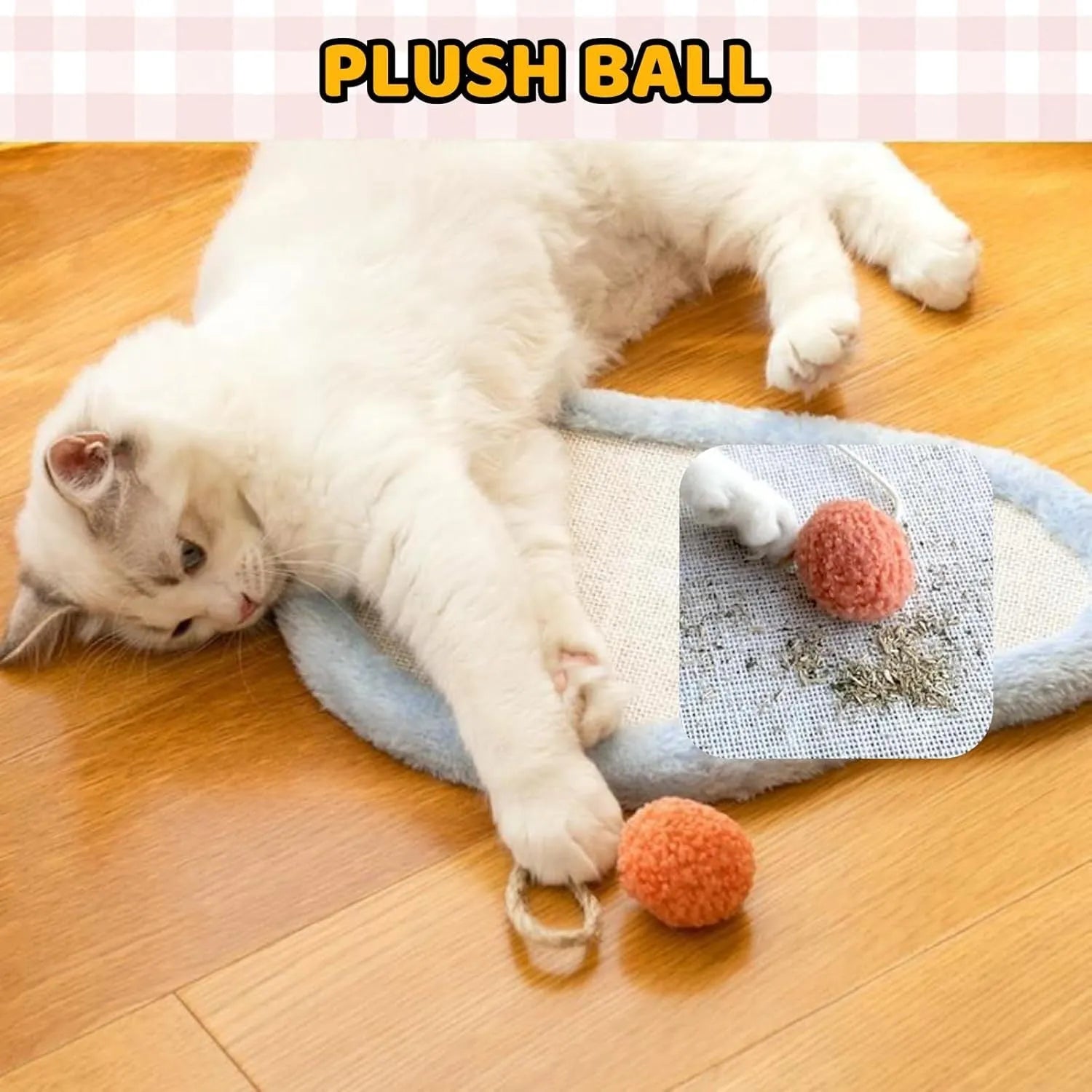 White cat scratching mat with cartoon sleeping cat design, made from natural sisal fibre