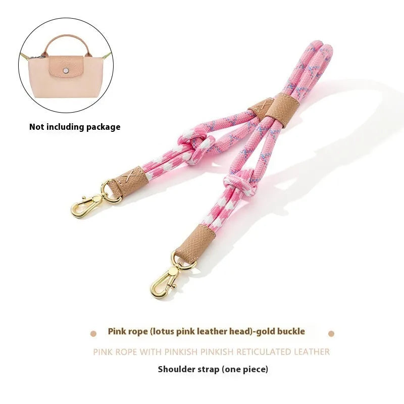 Braided nylon rope shoulder strap with cowhide leather accents and an alloy buckle.