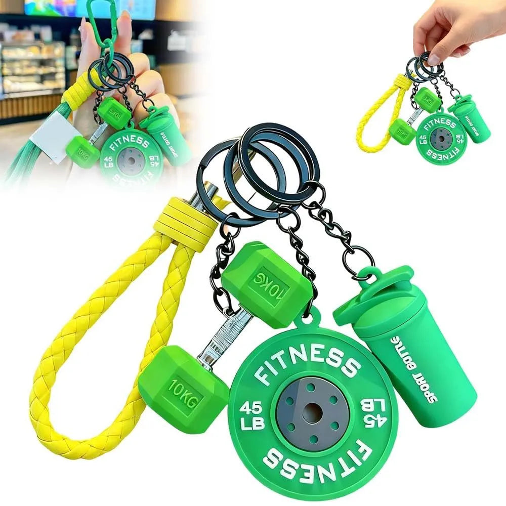 Four mini gym keychains in blue, green, orange, and purple made from alloy metal on a key ring
