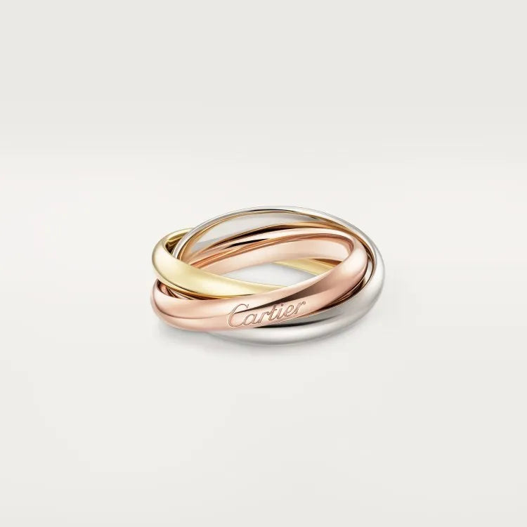 Geometric U-shaped sterling silver couple ring with three cubic zirconia stones on a hand, showing rose gold and black finish options.
