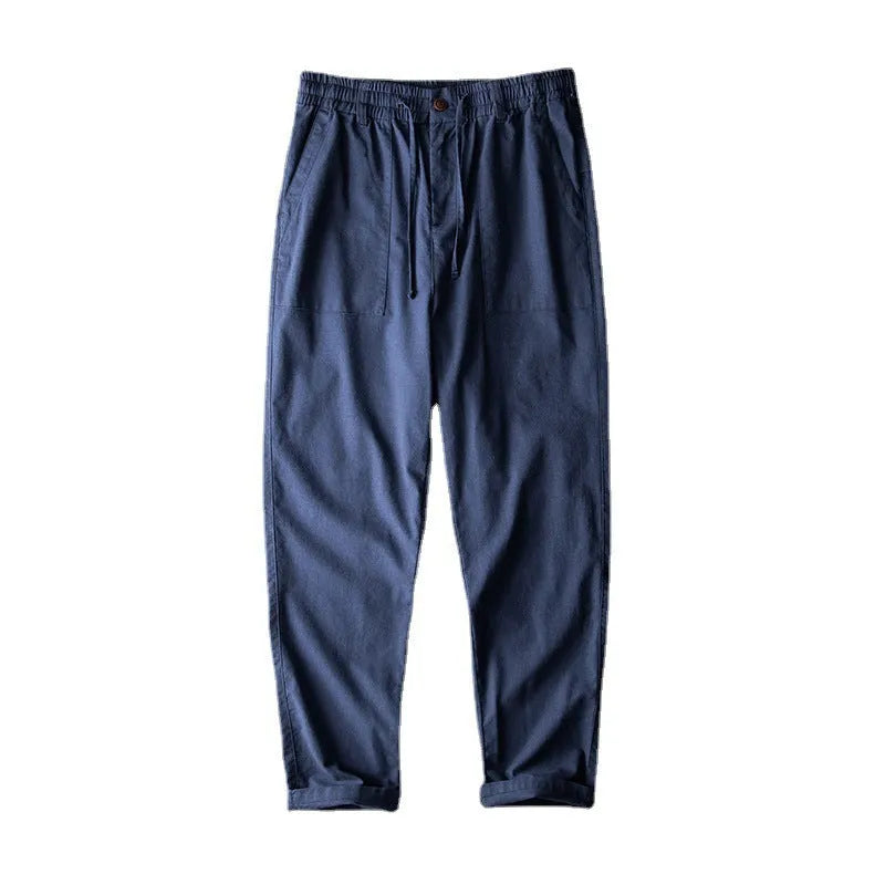 Men's casual linen trousers in navy blue colour with mid waist and traditional trouser length