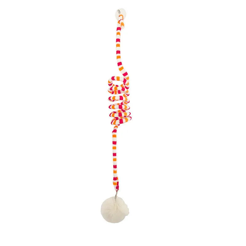 Spring cat toy with bell stick, inflatable ball, and suction cup mount in multiple colour options